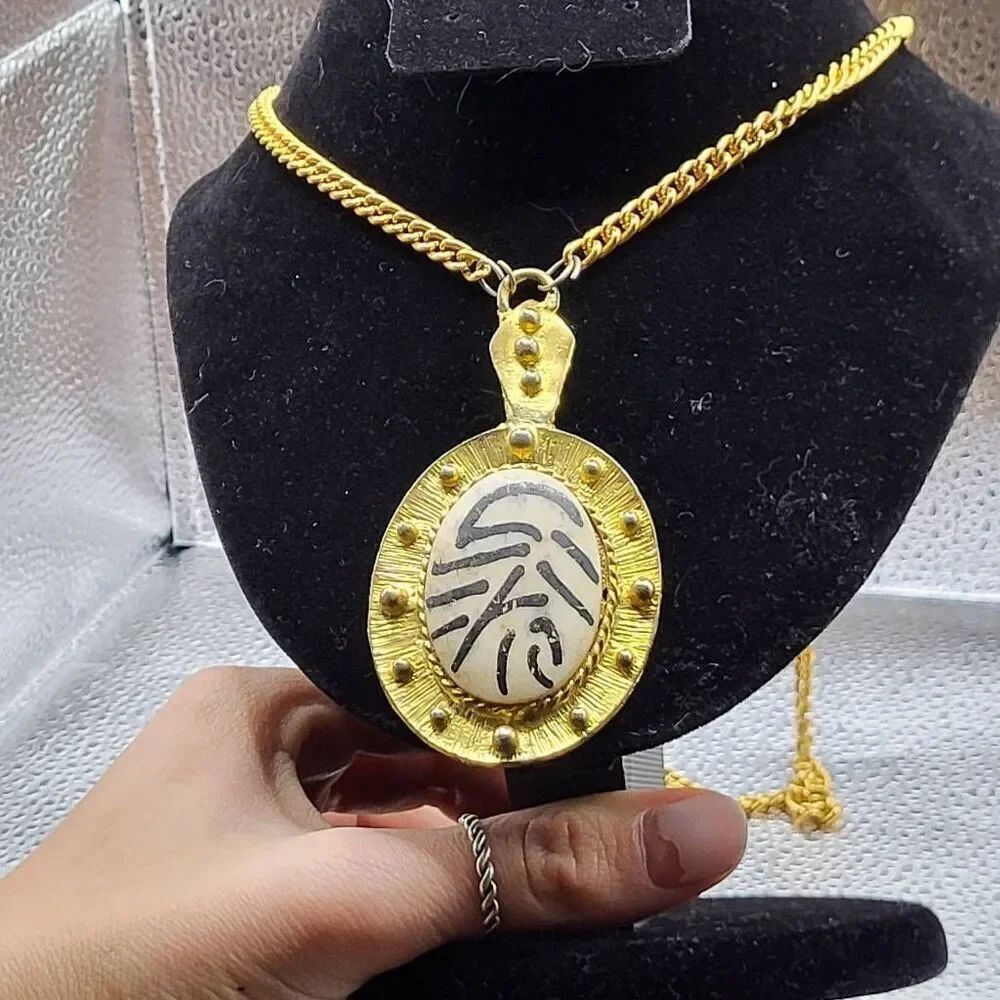 Vintage 70s Bohemian Tribal Pendant on a Long Gold Chain